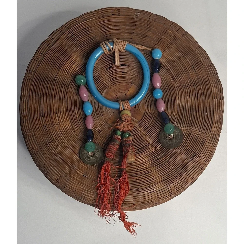 Vtg Chinese Sewing Basket Coins Glass Beads Tassels